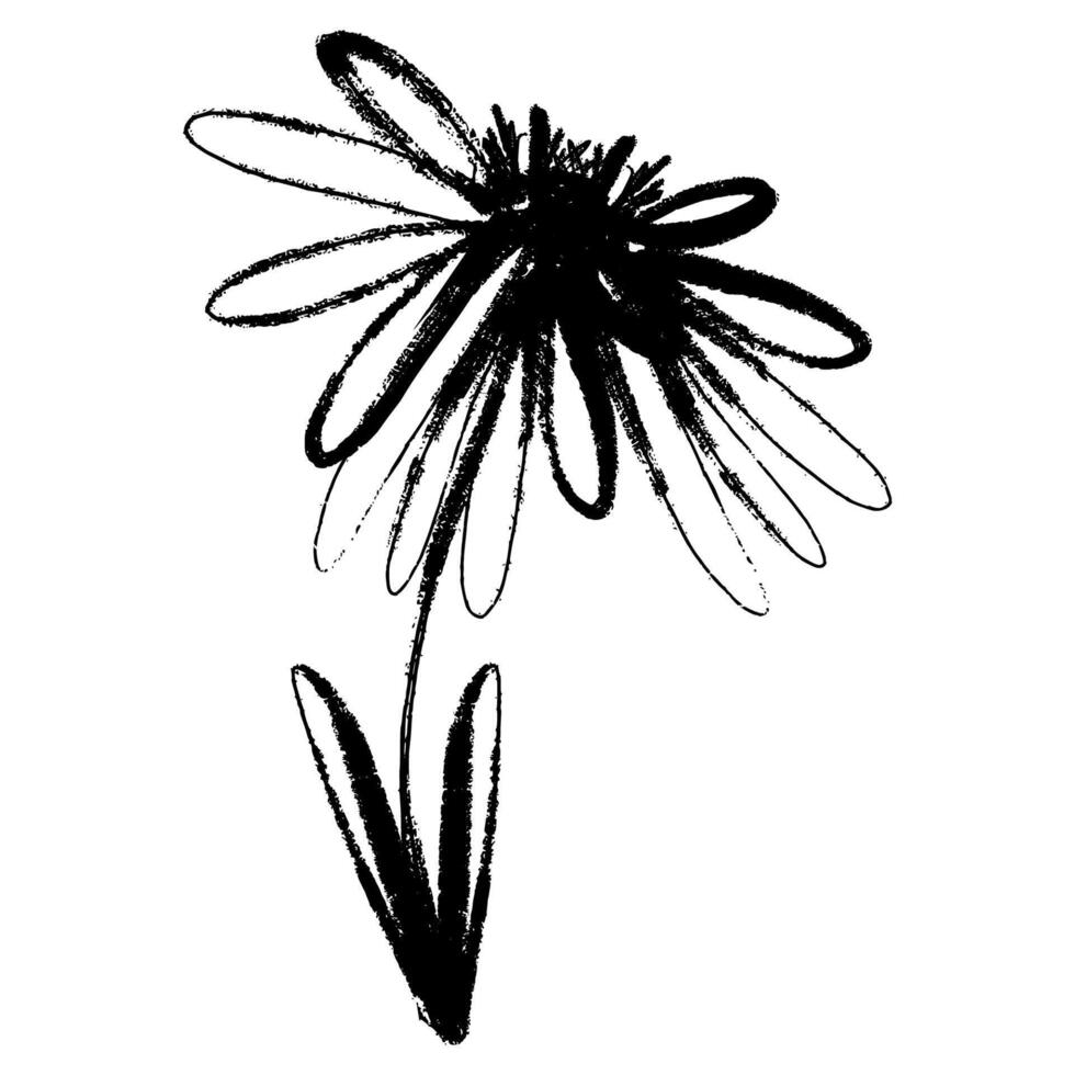 Delicate Grunge Flower with Leaves. Modern grunge silhouette and bulky ink herb. Hand painted plant isolated on white background vector