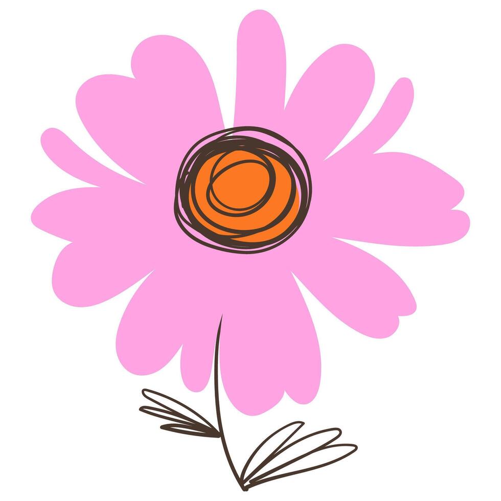Pink Flower with Scribble Leaves Lines in Doodle Style. Colorful plant with cute line sketches of branches isolated on white background. Nature herb perfect for invitations, cards, posters, holidays vector