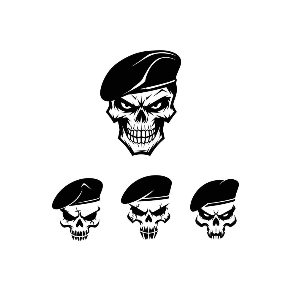 Military Skull in Beret, Aggressive Soldier Skeleton Head Graphic for Army, Tactical, Combat, or Veteran Design vector