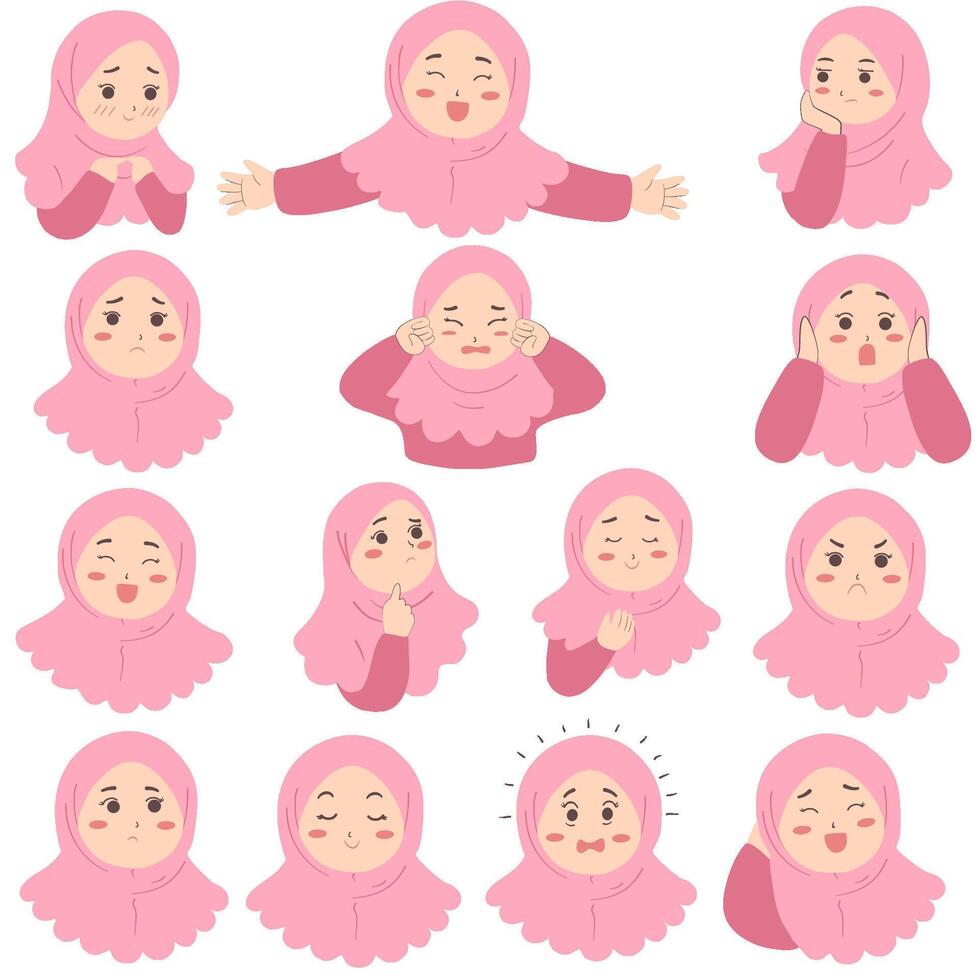 Cute muslim girl avatar collection with various expression vector