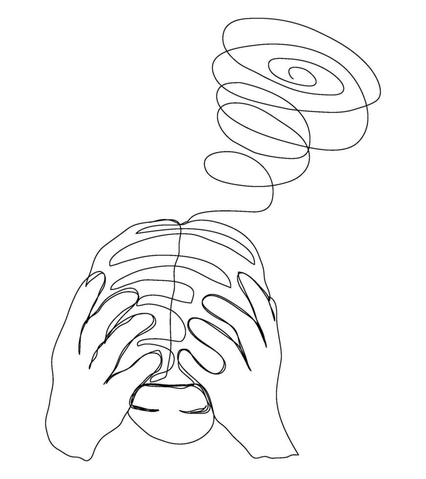 Sketch one line headache stress depress man male or boy minimal continuous line. vector