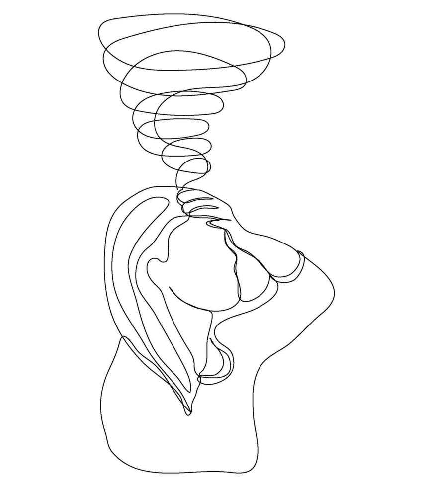Design of continuous line headache stress depress lady woman female or girl with minimal. vector