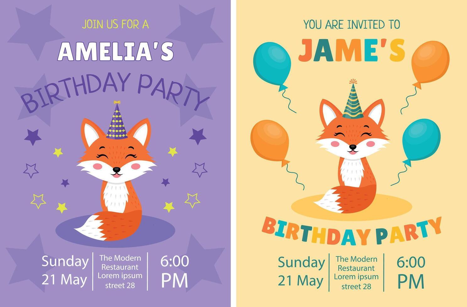 Cute fox birthday invitation set with name, date, time and place. vector