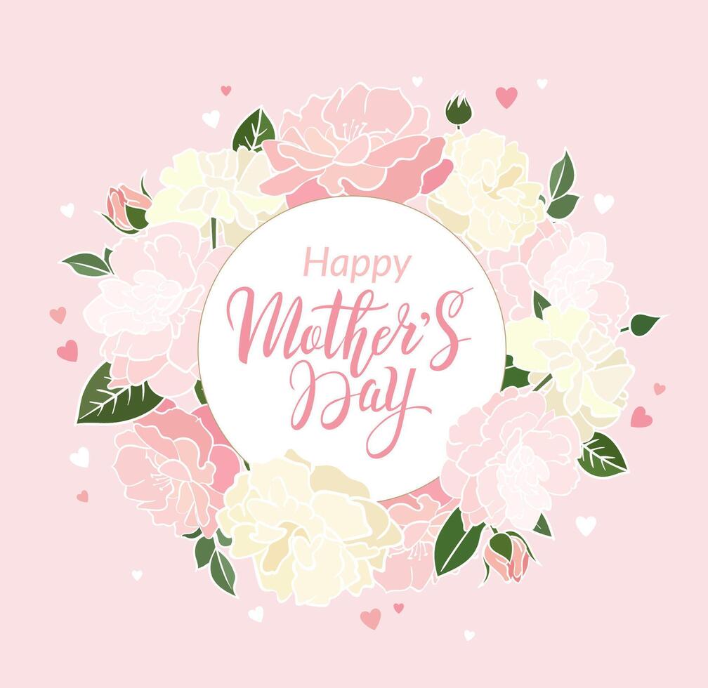 Happy Mother's Day floral greeting card or banner design concept with peony flowers and handwritten lettering on pink background vector