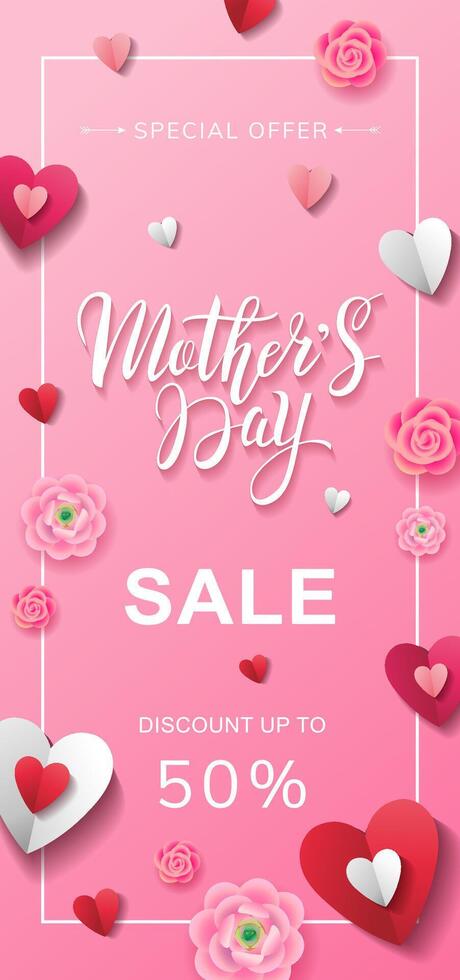 Mother's day Sale flyer vertical design concept with lettering, pink flowers and paper hearts. Special offer. Discount up to 50 percent vector
