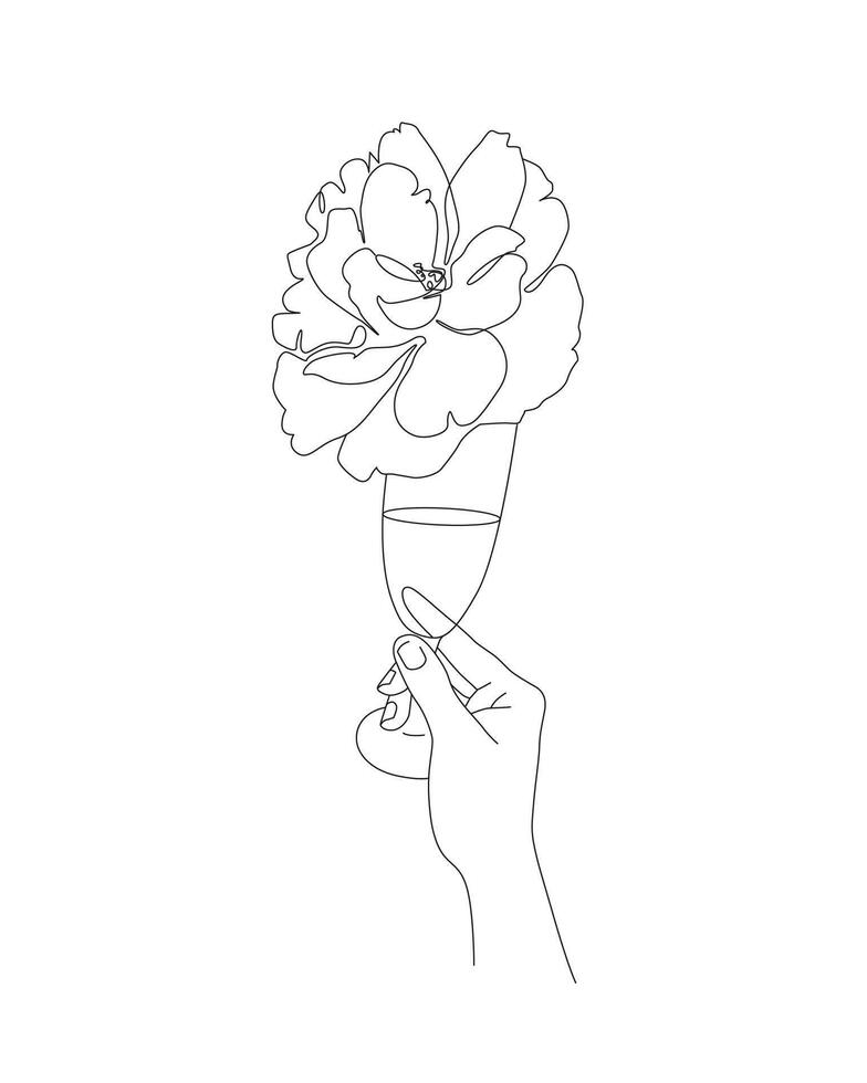 Flower head in a glass. Drink in a hand contour minimalistic illustration. Romantic card concept for winery, bar or restaurant vector
