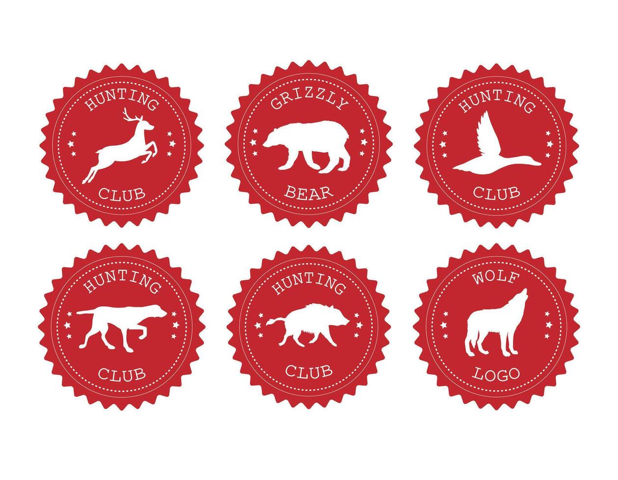 Set bundle of flat retro round hunting logo with animals silhouette isolated on white background vector