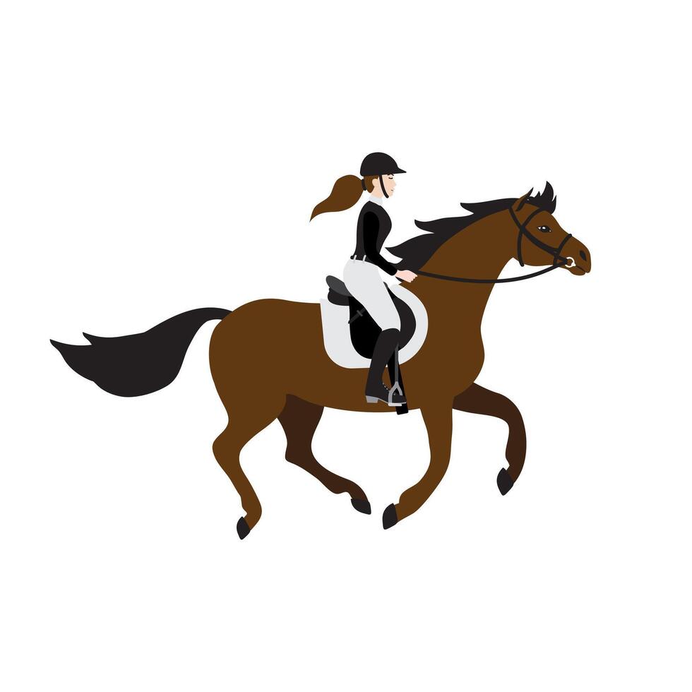 Flat cartoon blond girl woman riding a galloping horse in show jumping competition isolated on white background vector
