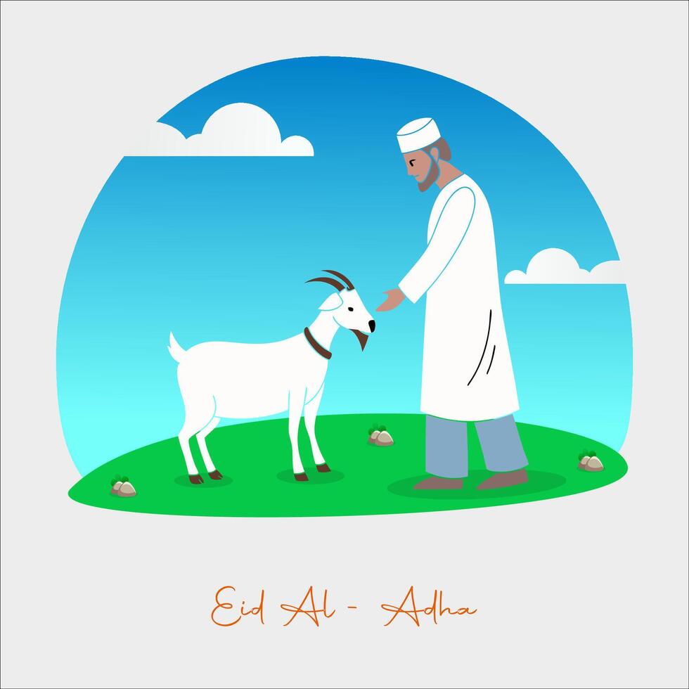 a Muslim man and beside him is a goat, cow, or sheep for sacrifice, He is preparing to celebrate Eid al-Adha. vector