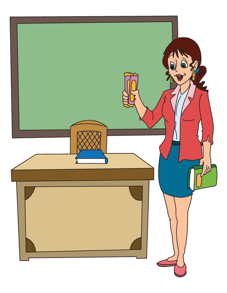 Female teacher standing in the classroom smiling and holding chocolate and book vector