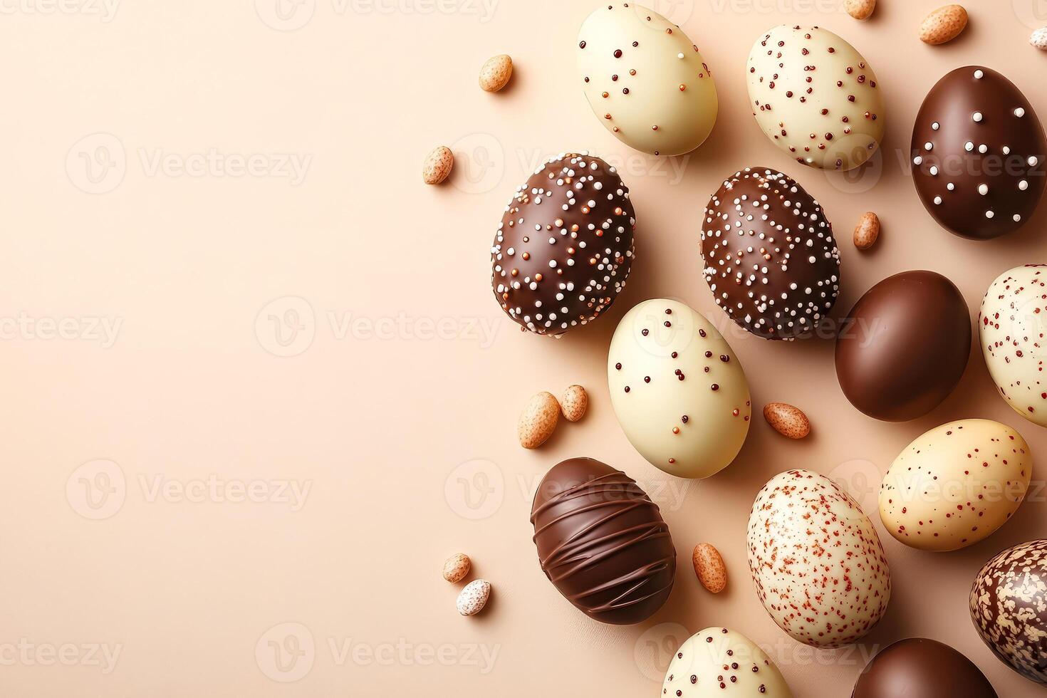Bunch of chocolate eggs with nuts on top photo
