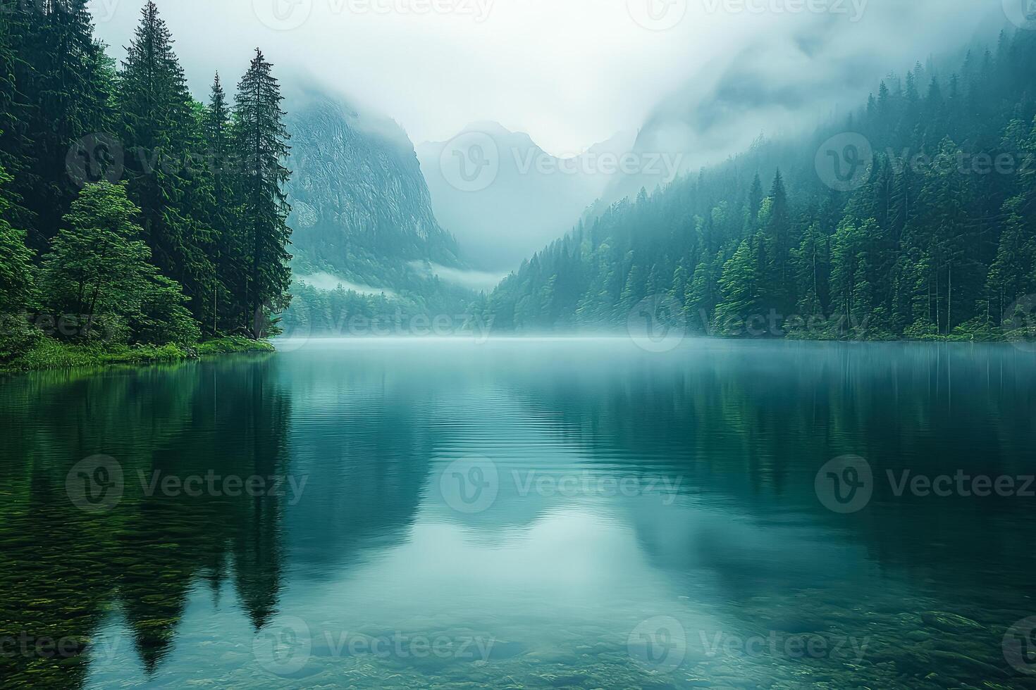 Lake surrounded by trees with a foggy sky in the background photo