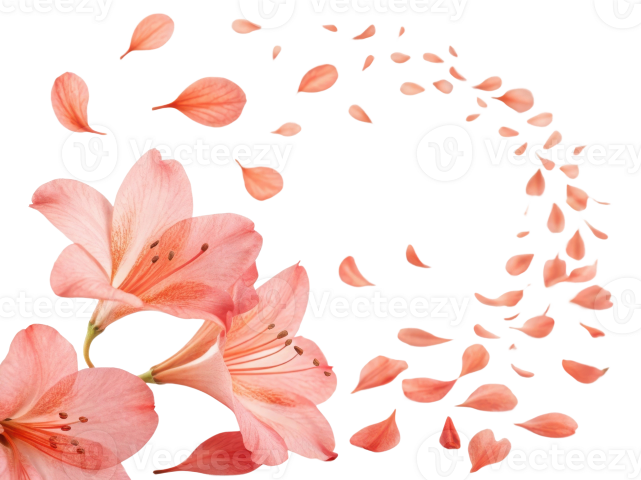 Beautiful azalea flowers bloom gracefully, their delicate petals swirling in air, creating serene and enchanting atmosphere png