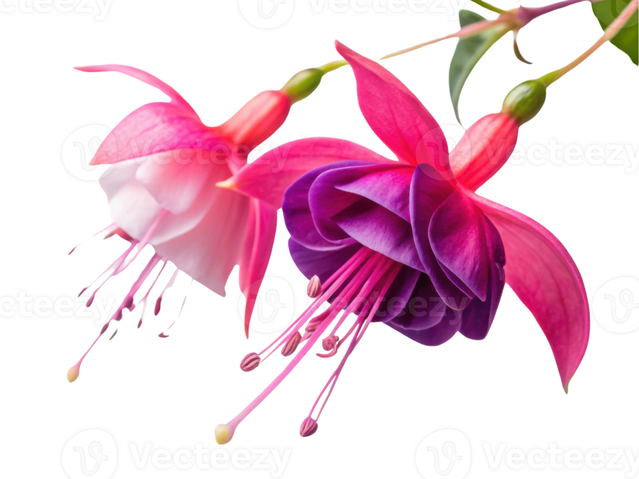 Fuchsia flowers bloom vibrantly with delicate petals showcasing stunning blend of pink and purple hues, creating captivating display png