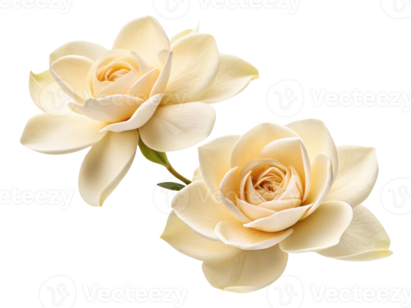 Two beautiful gardenia flowers bloom gracefully showcasing their creamy petals and delicate fragrance in serene setting png
