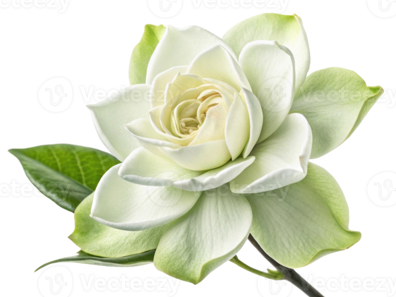 beautiful gardenia flower blooms with delicate white petals and lush green leaves, radiating elegance and tranquility in any setting png