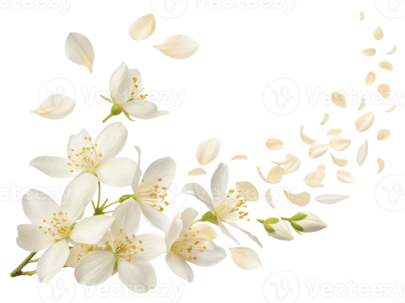 Beautiful jasmine flowers gracefully scatter, creating serene and enchanting atmosphere filled with delicate petals png