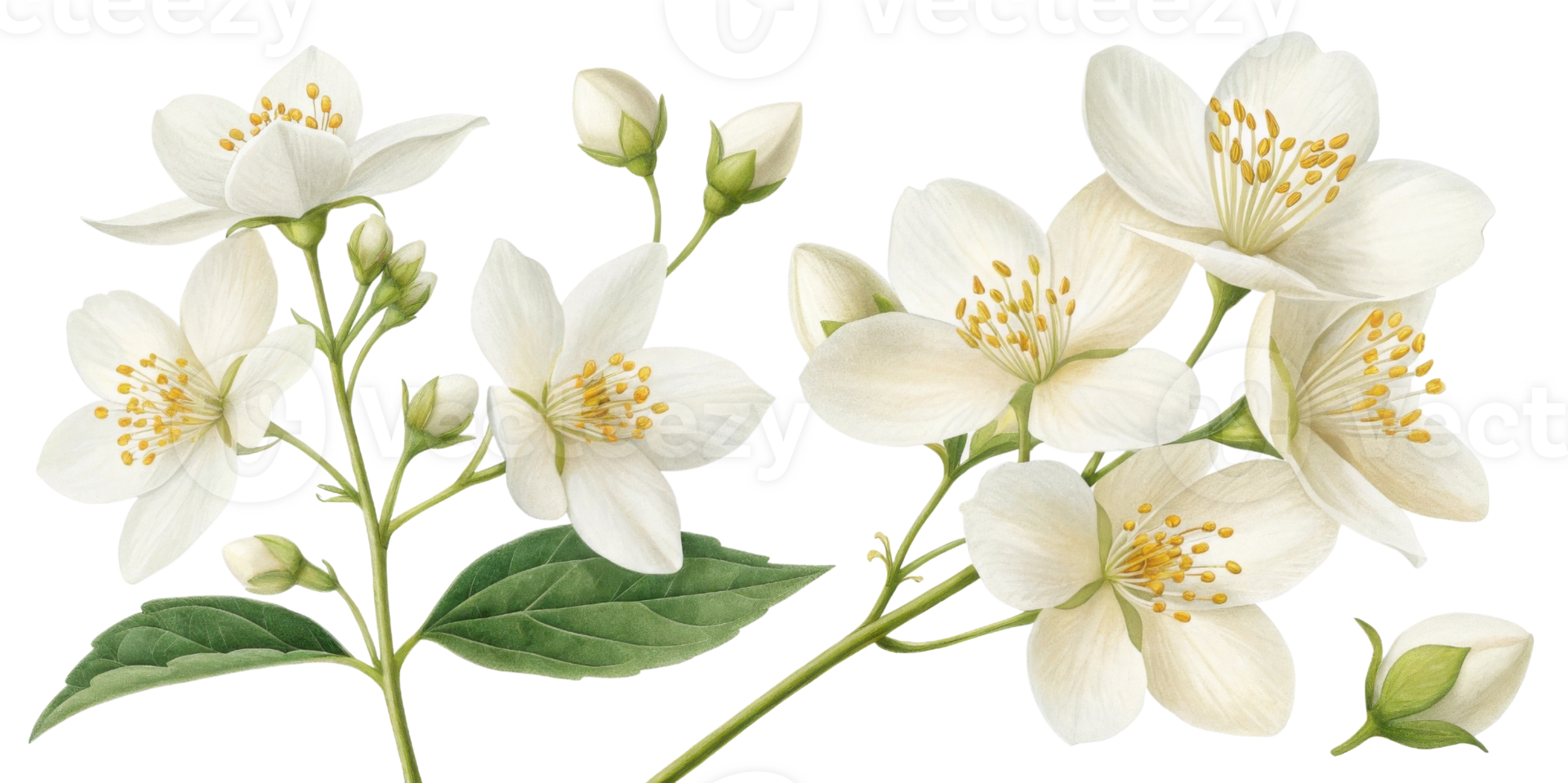 Jasmine flowers bloom beautifully with delicate petals and vibrant yellow stamens creating serene and enchanting atmosphere png