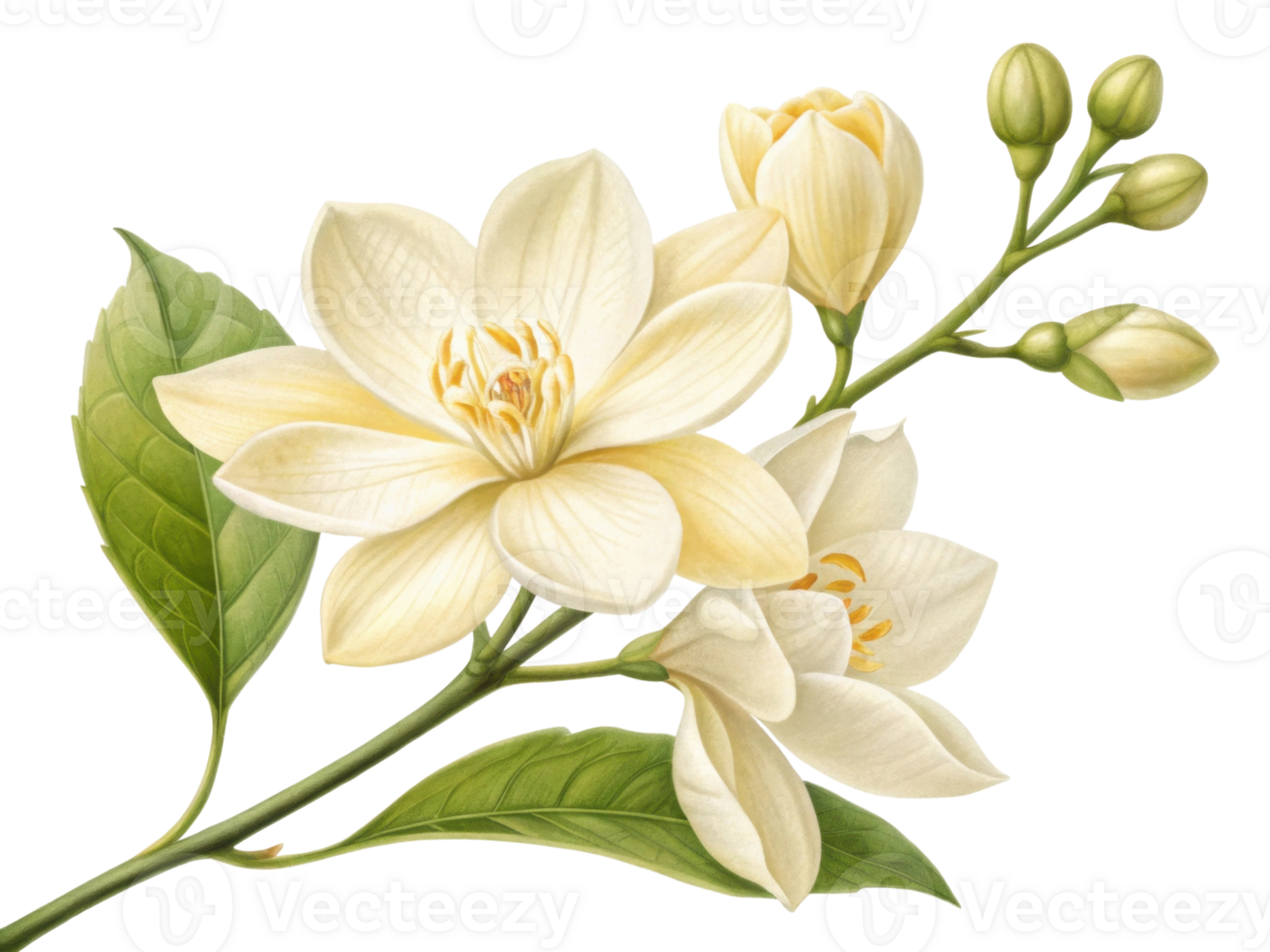 beautiful jasmine flower blooms gracefully with delicate petals and vibrant green leaves, creating serene and enchanting atmosphere png