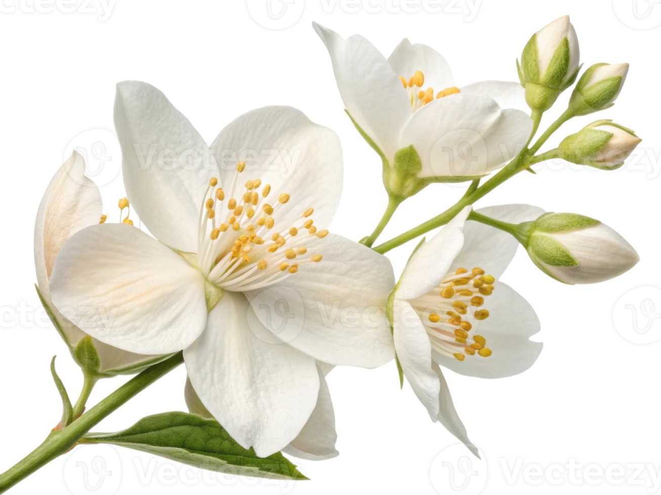 Jasmine flower blooms gracefully with delicate petals and vibrant yellow stamens, creating serene and enchanting atmosphere png