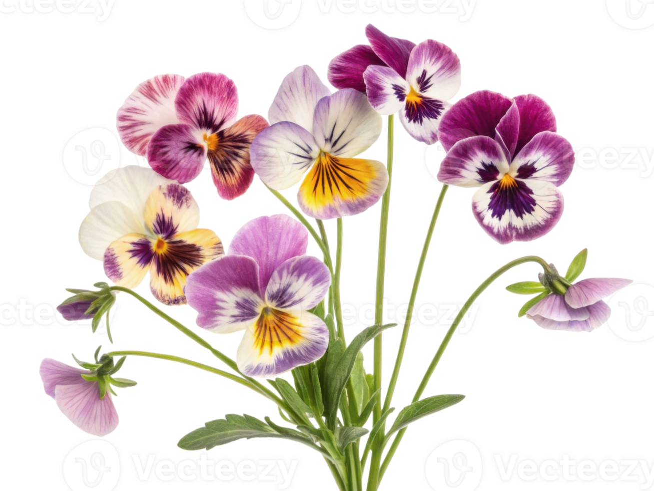 Beautiful pansy flowers in various colors create vibrant bouquet that brightens any space with their charm and elegance png