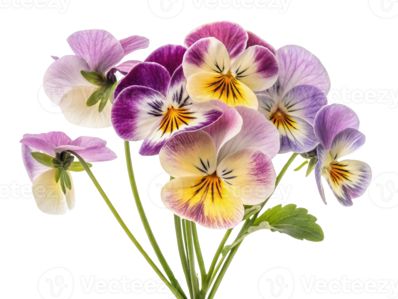 Beautiful pansy flowers in vibrant colors create stunning bouquet that brightens any space with their charm and elegance png