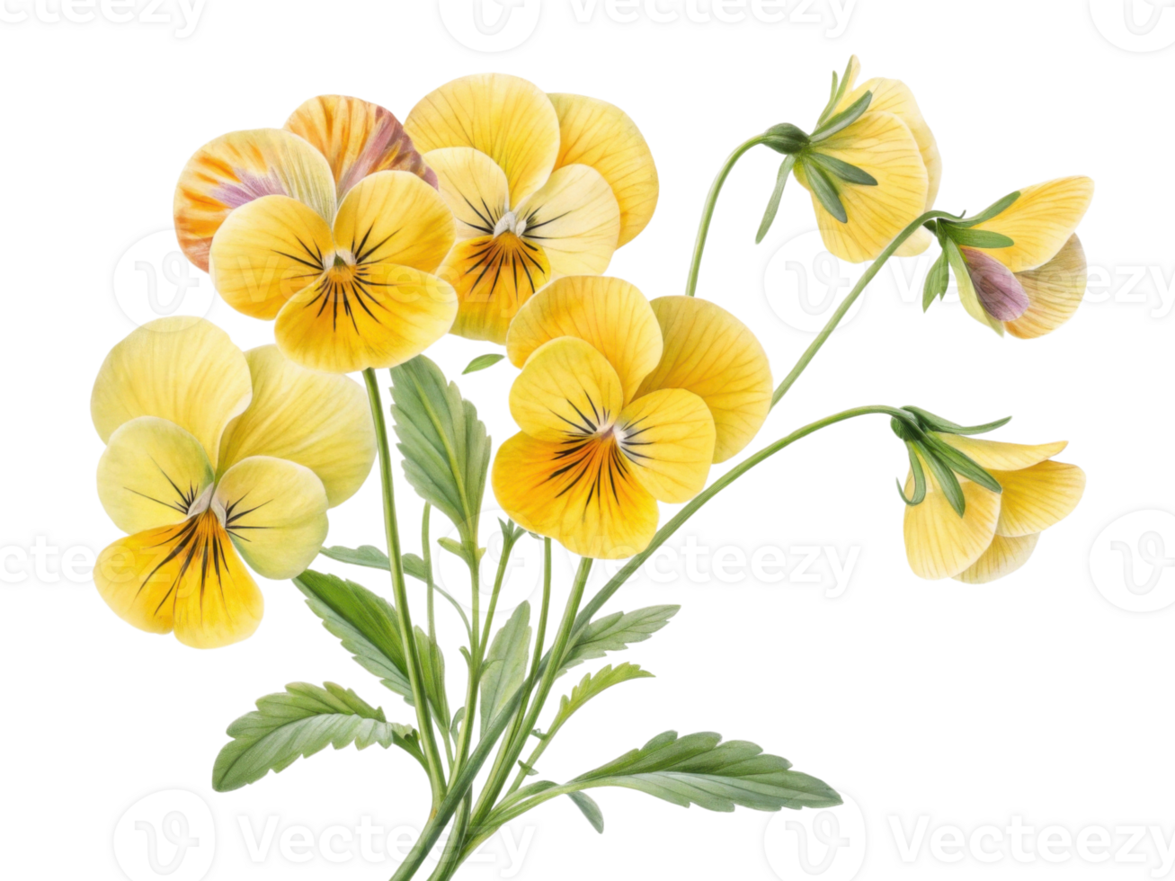 Beautiful pansy flowers bloom in vibrant yellow hues, showcasing their delicate petals and lush green leaves, creating cheerful display png