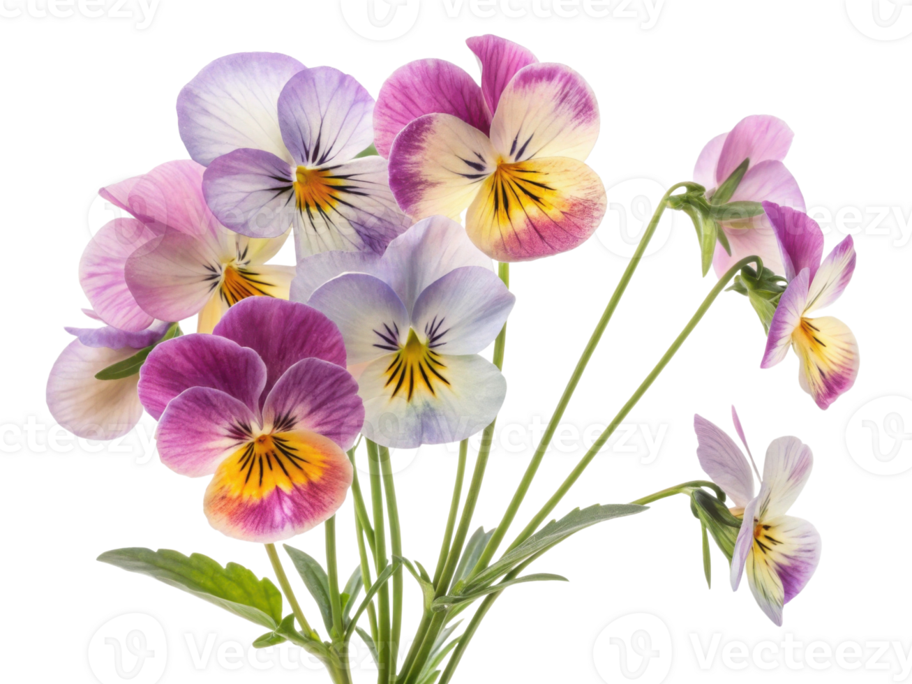 Beautiful pansy flowers in various colors create vibrant bouquet that brings joy and elegance to any setting png