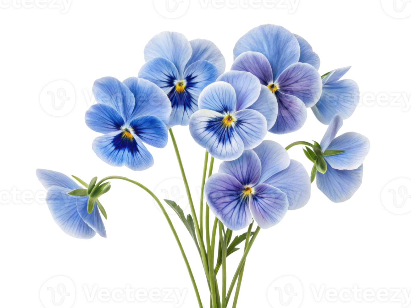 Beautiful pansy flowers in shades of blue create stunning bouquet that brings joy and elegance to any setting png