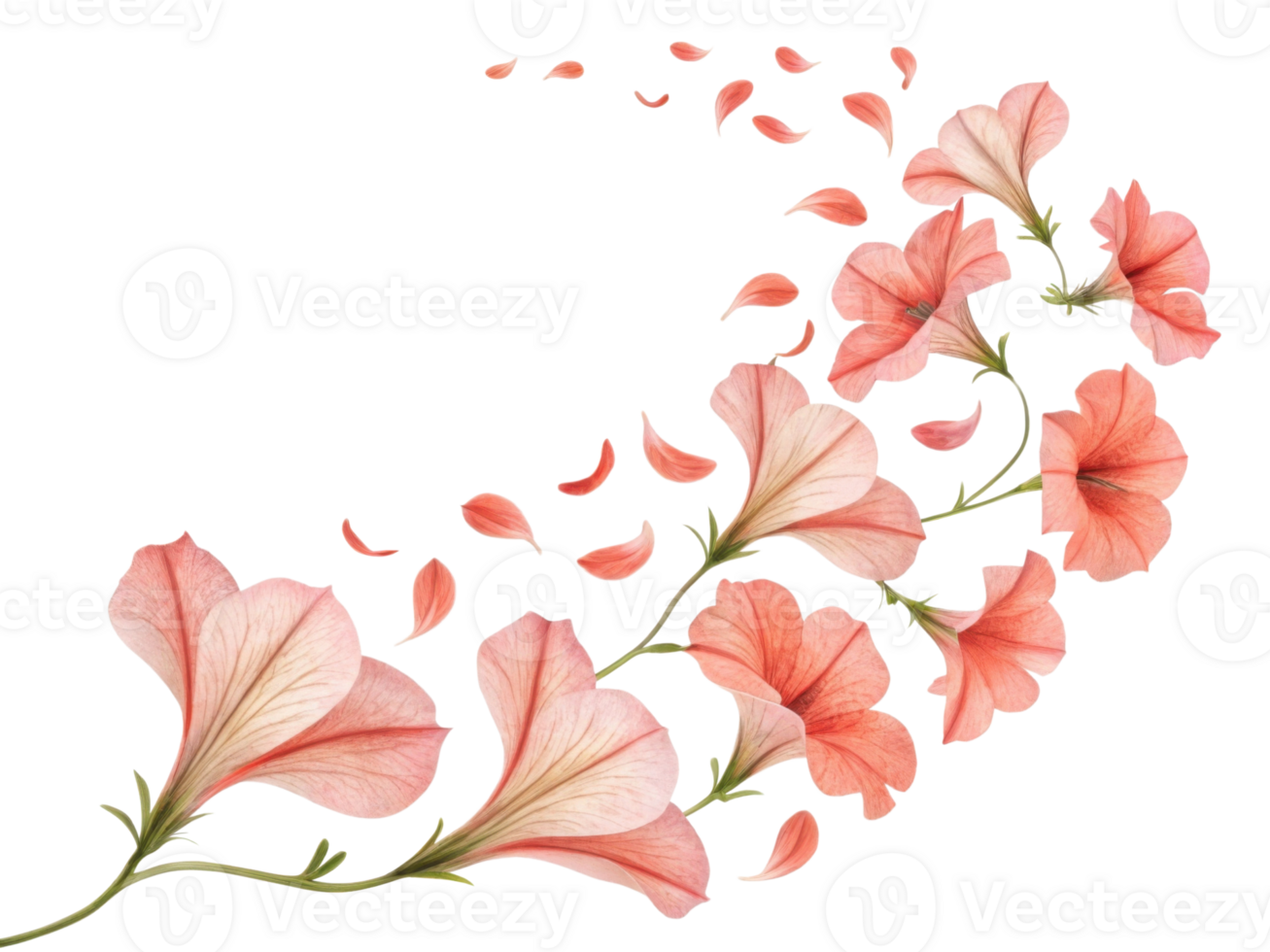 Beautiful petunia flowers in soft pink hues gracefully cascade with delicate petals drifting in air, creating serene and enchanting scene png