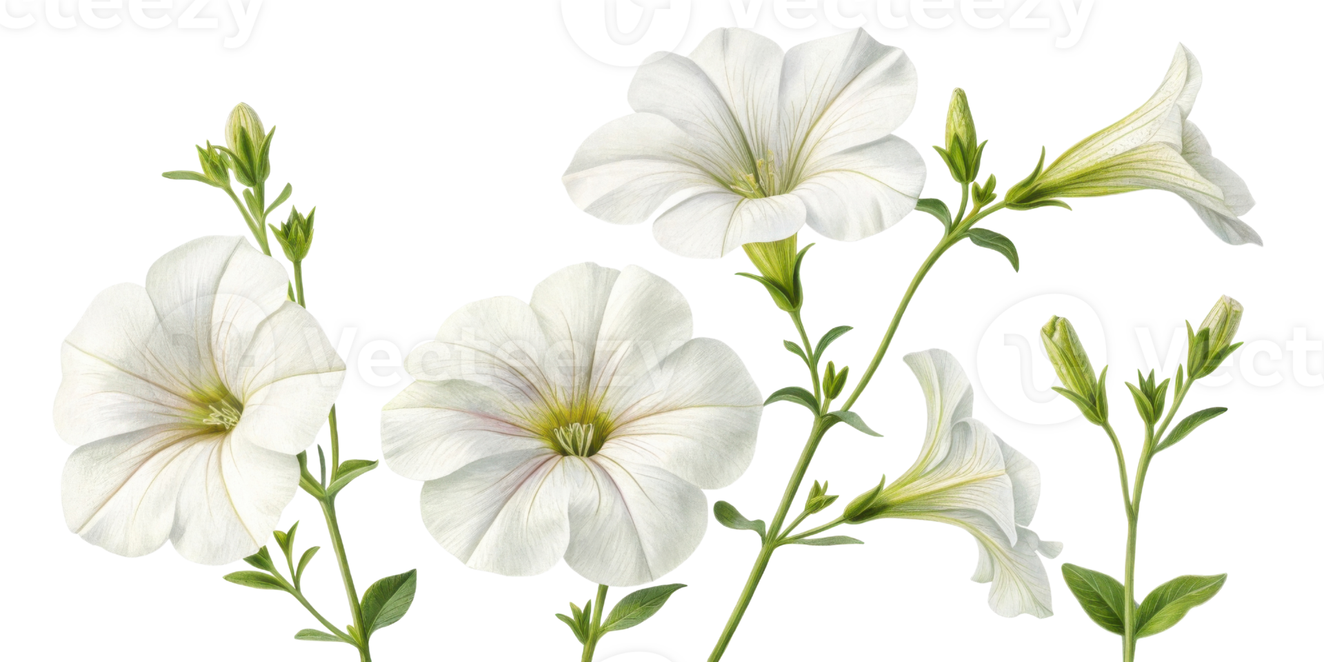 Beautiful petunia flowers bloom gracefully, showcasing their delicate petals and vibrant green stems, creating serene and joyful atmosphere png