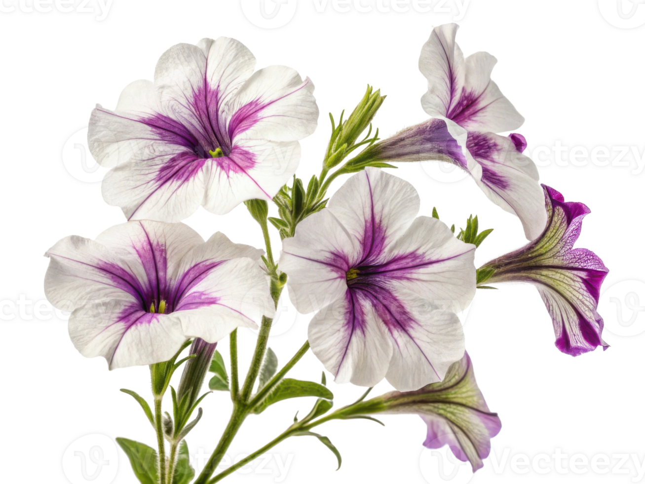 Petunia flowers bloom vibrantly with delicate petals showcasing beautiful blend of white and purple hues. Their charm brings joy to any garden png
