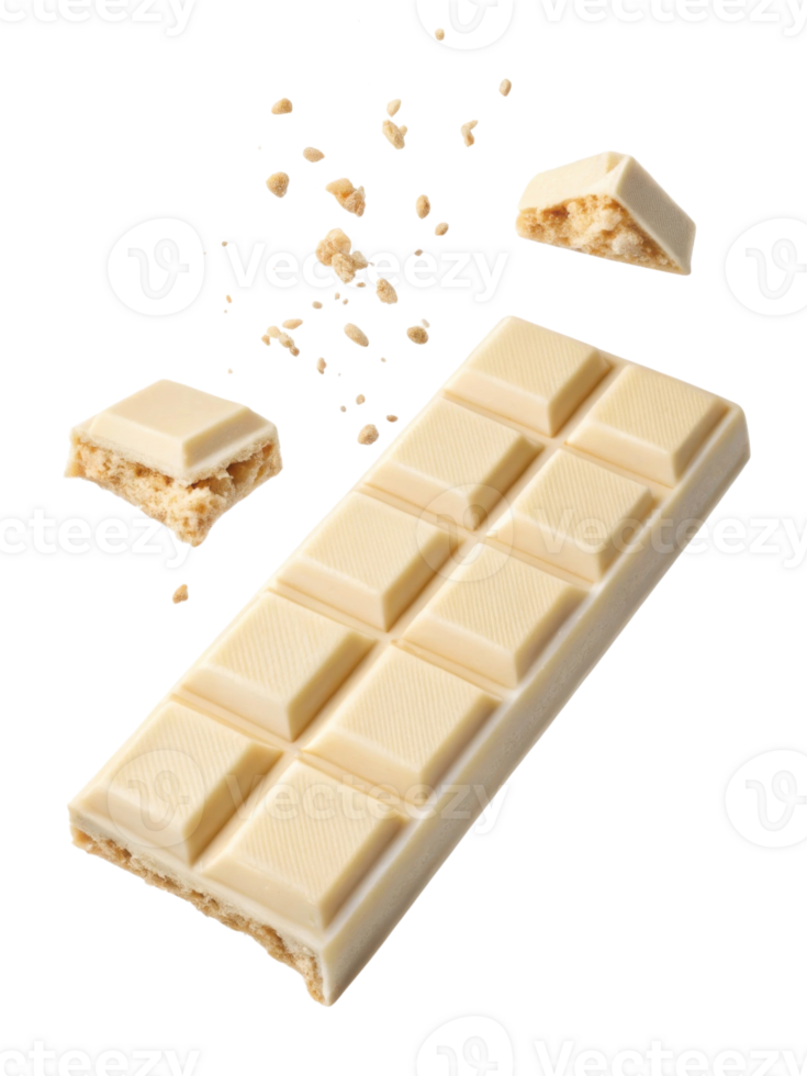 bar of white chocolate is shown with pieces falling apart creating delightful scene png