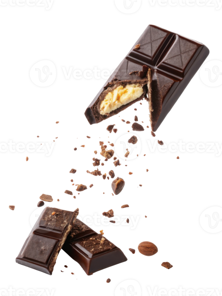 Falling chocolate pieces with nuts and crumbs create dynamic and delicious scene png