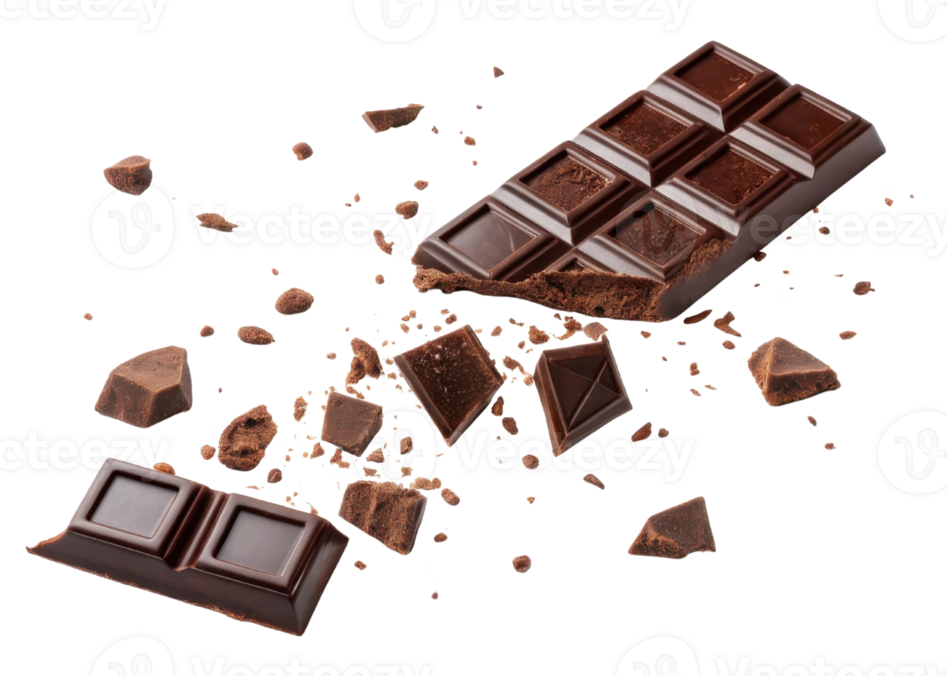 Falling pieces of chocolate create delightful mess with scattered chunks and crumbs png