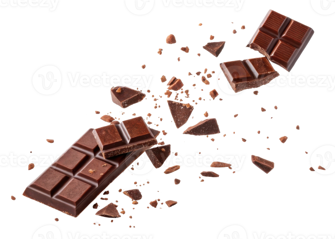 bar of chocolate is breaking into pieces with crumbs falling around creating dynamic scene png