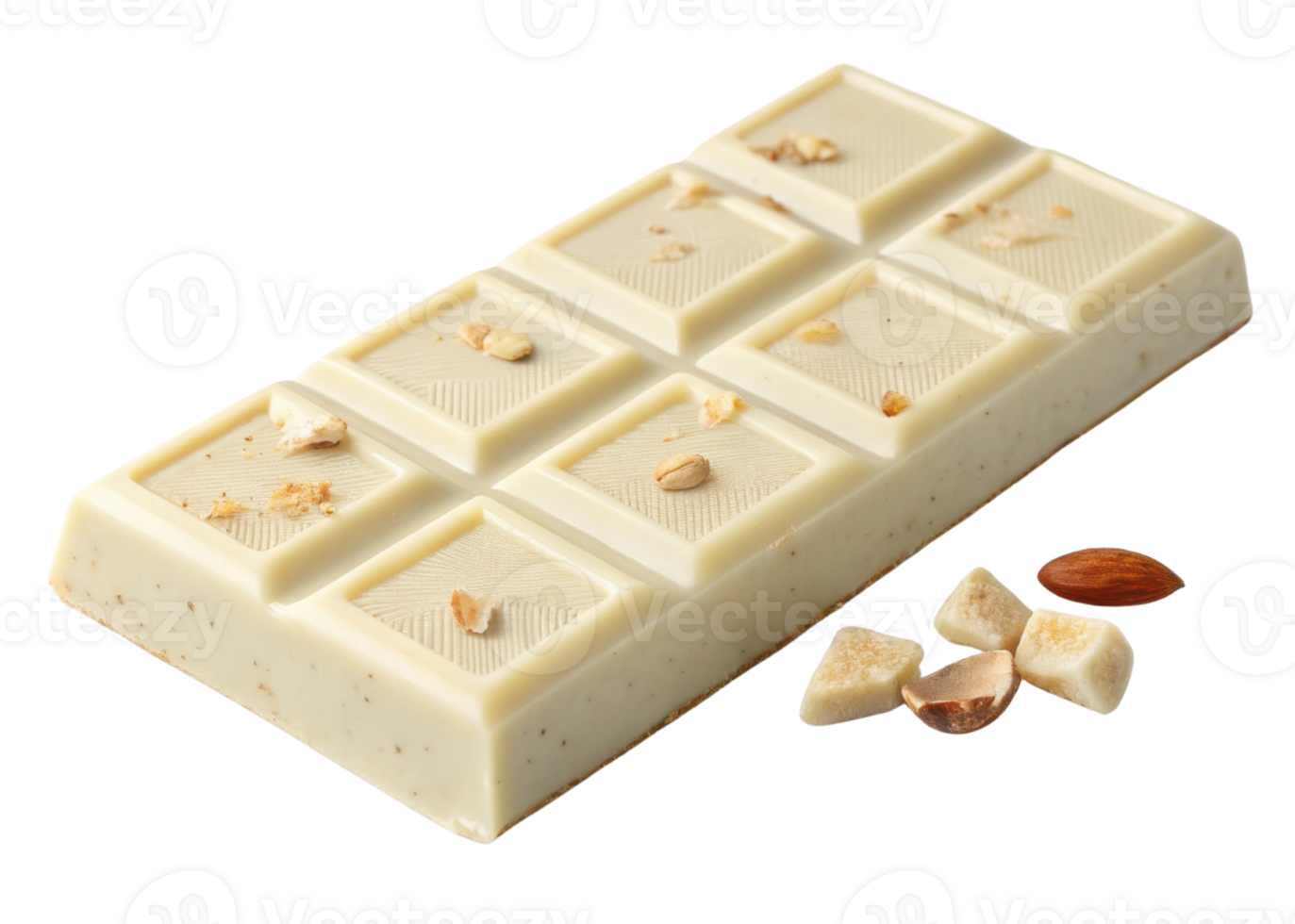 White chocolate bar with nuts and small pieces falling around it creating delightful scene png