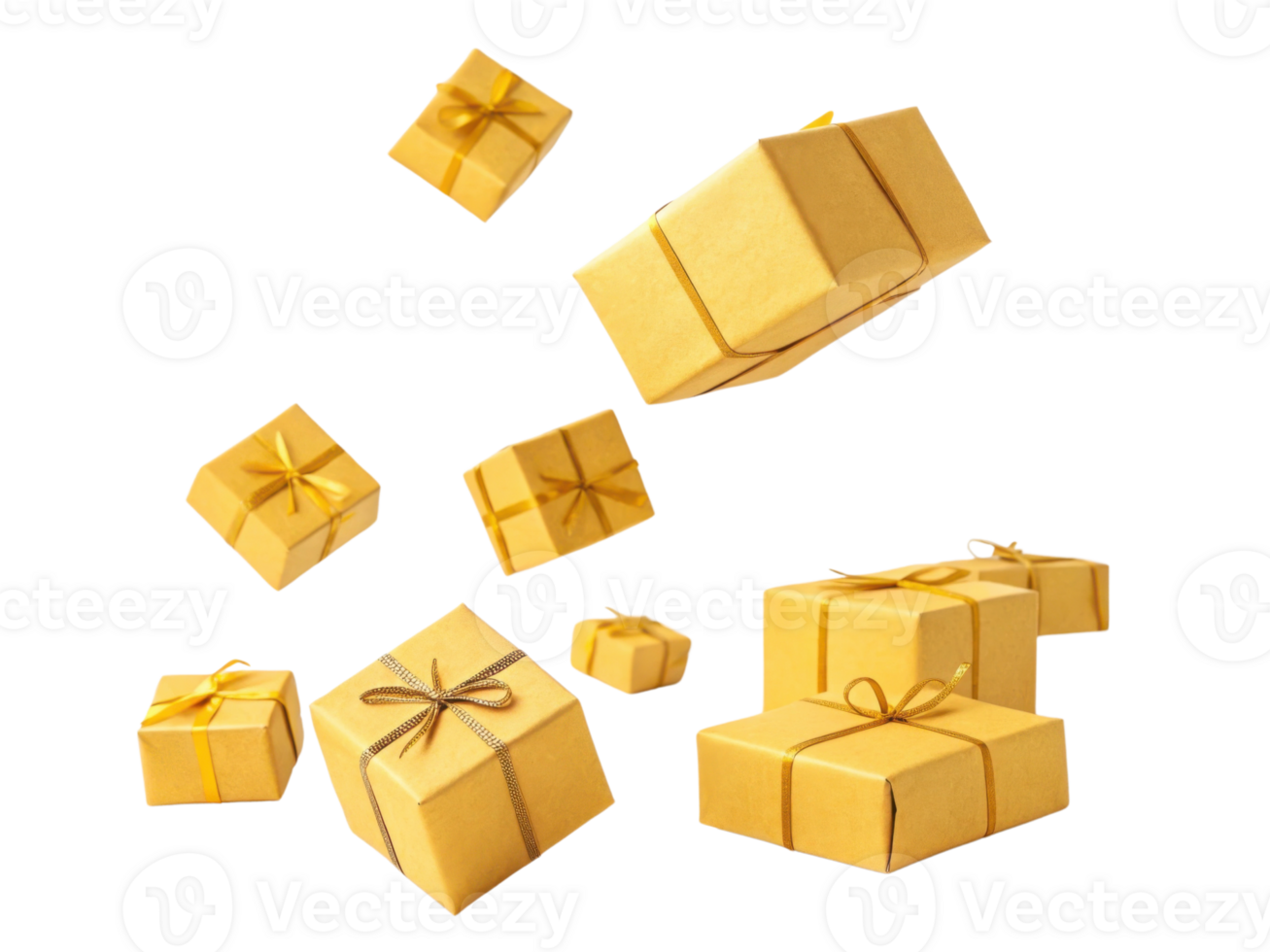 Golden gift boxes with elegant ribbons float gracefully in air creating festive atmosphere png