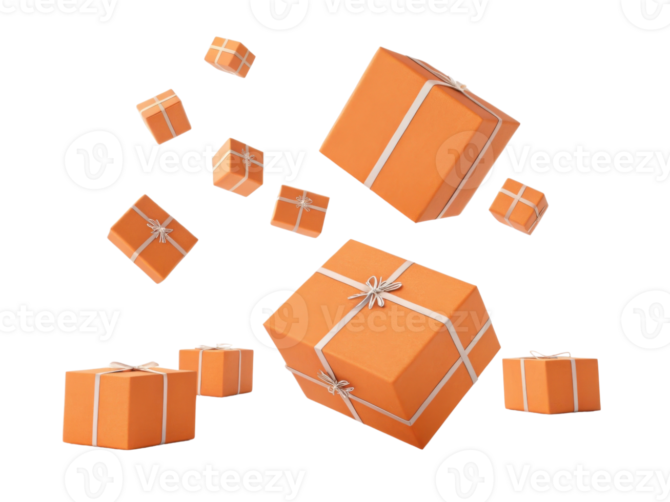 Orange gift boxes with white ribbons float in mid air creating festive atmosphere png