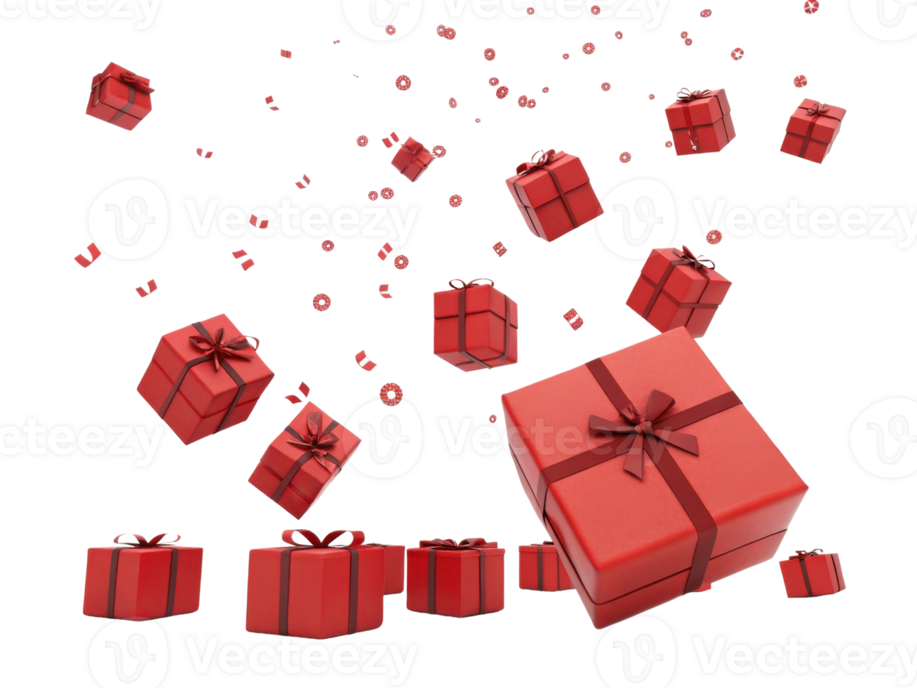 Red gift boxes with ribbons float in air creating festive atmosphere png