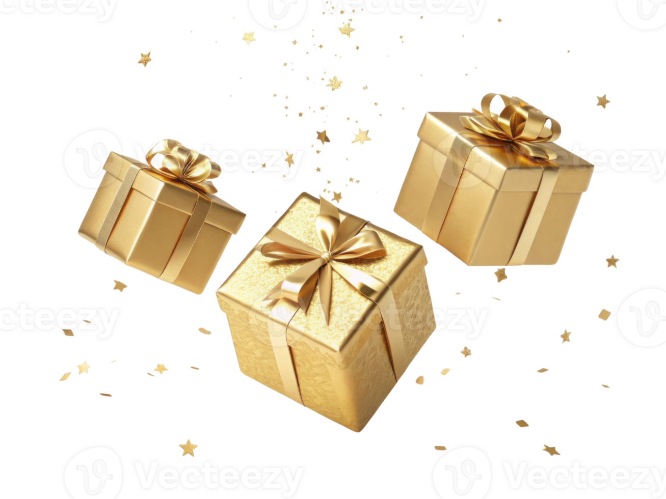 Golden gift boxes with ribbons and scattered stars create festive atmosphere png