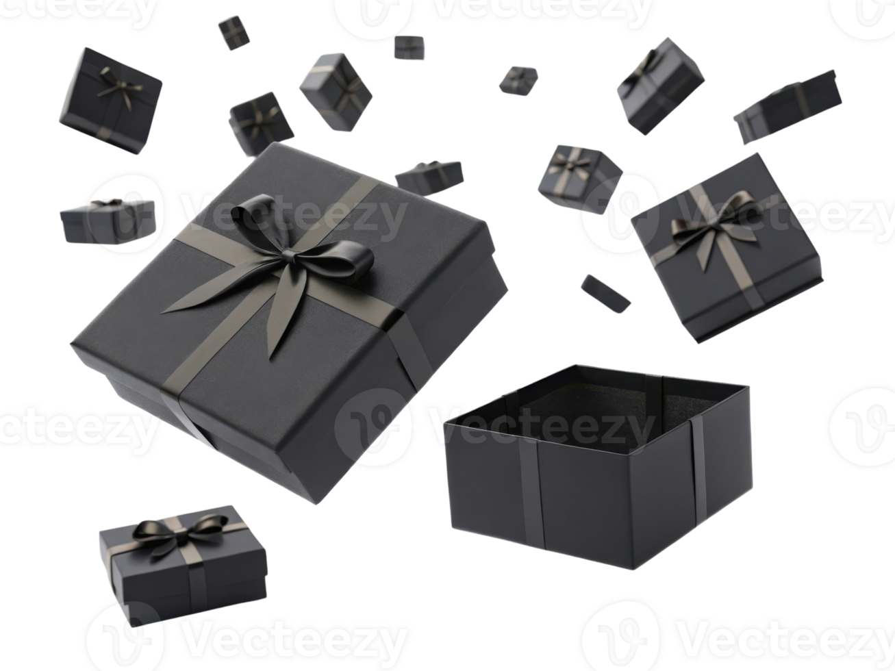 Black gift boxes with elegant ribbons float in mid air creating sense of celebration and surprise png
