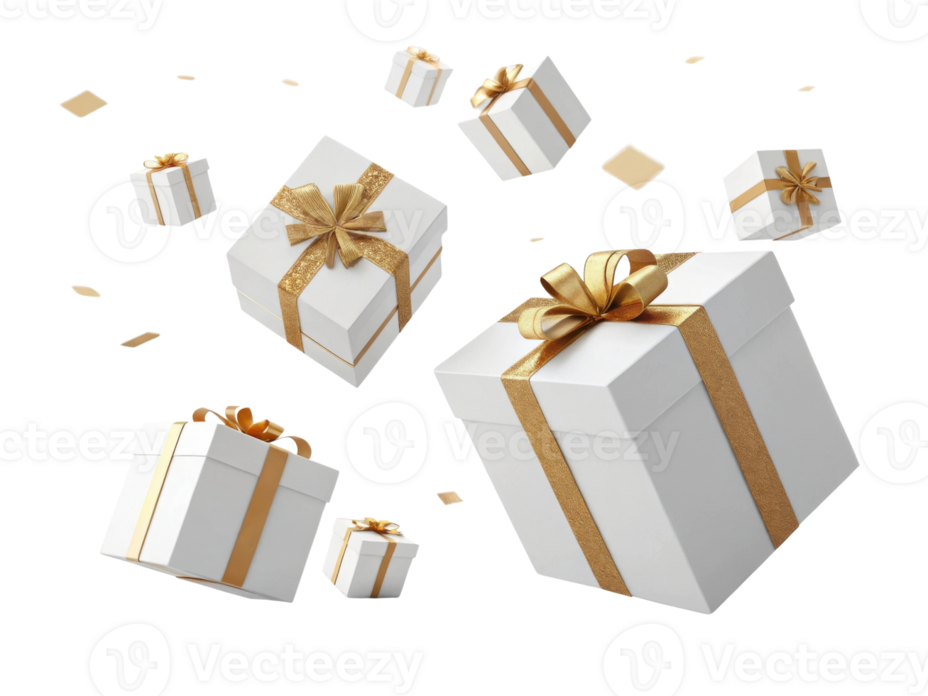 White gift boxes with gold ribbons float joyfully in air creating festive atmosphere png