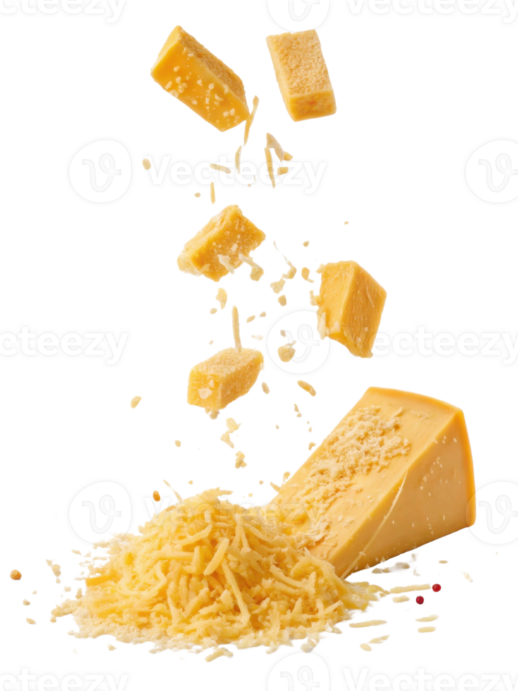 Grated cheese falls gracefully from above, creating delightful scene of culinary artistry and flavor png