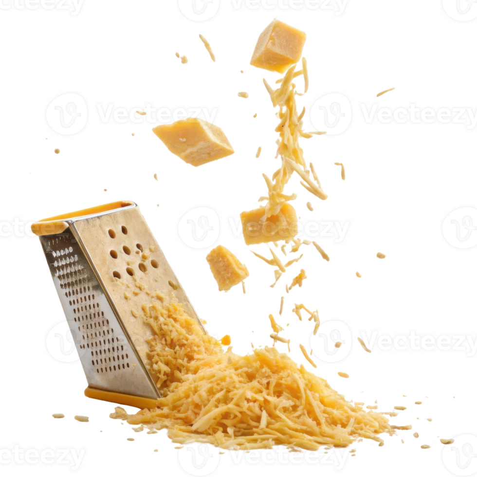 Grated cheese falls from grater creating delightful mess in kitchen, perfect for adding flavor to various dishes png
