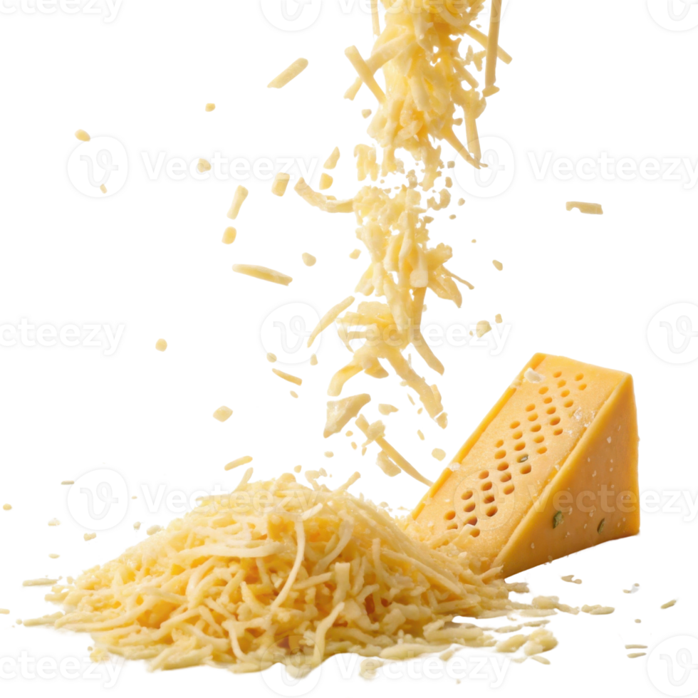 Grated cheese falls gracefully onto pile, showcasing its rich texture and flavor, perfect for enhancing any dish png