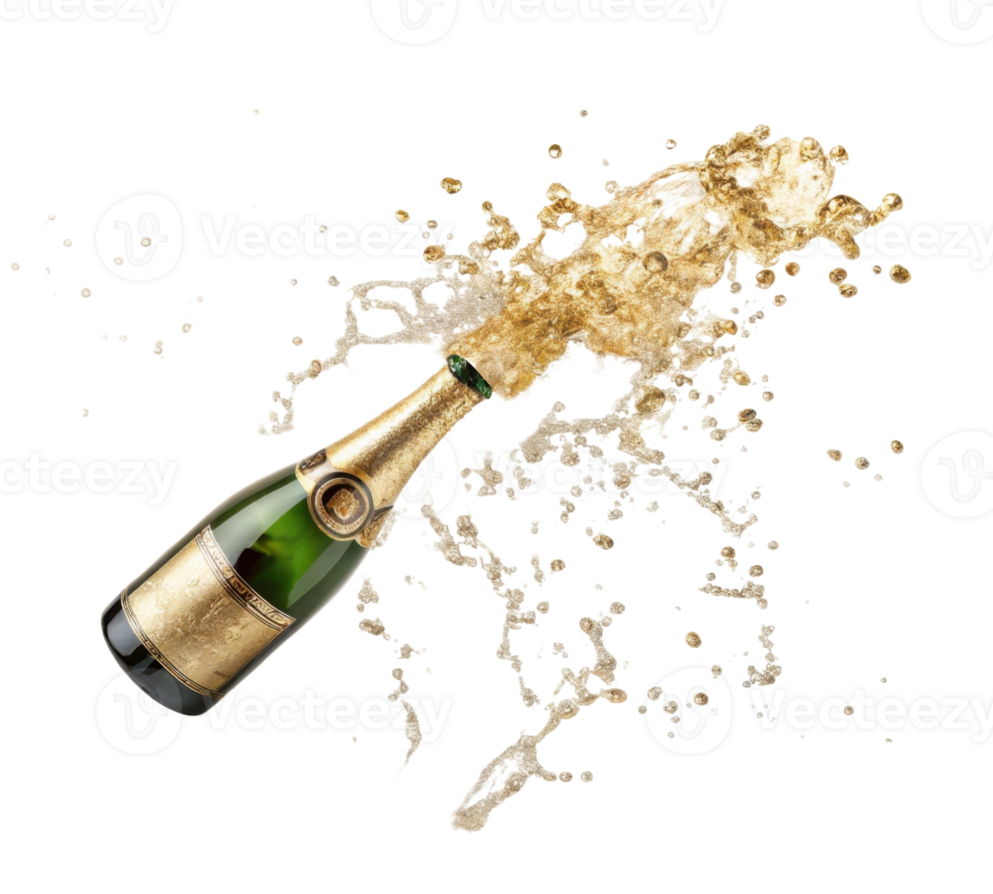 bottle of champagne bursts open, sending sparkling liquid flying in exciting celebration of joy and festivity png