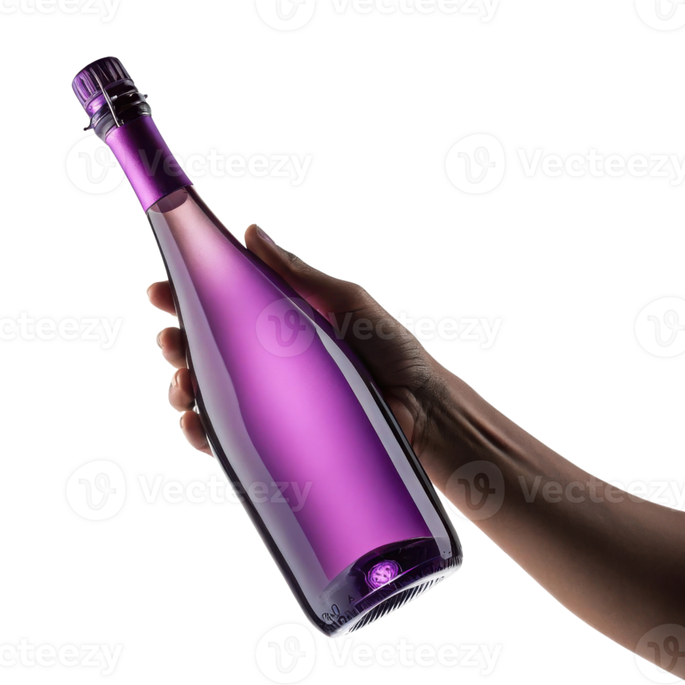 hand elegantly holds sparkling champagne bottle with stunning purple hue, perfect for celebrations and special moments png