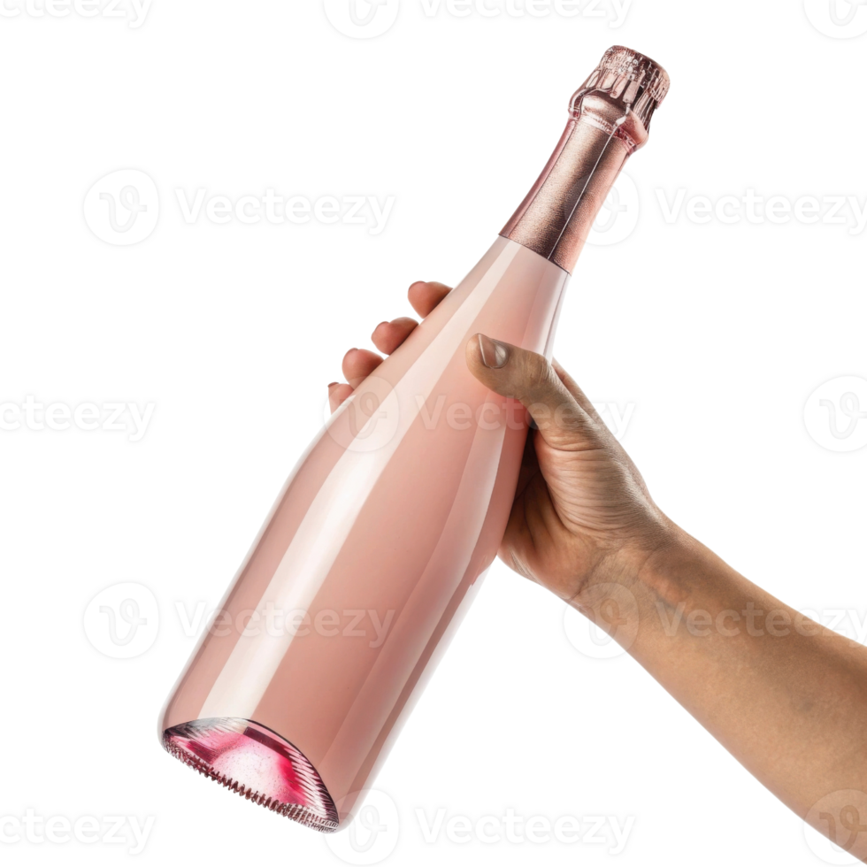 hand holds stylish champagne bottle with sleek design and rose gold top, perfect for celebrations and special moments png