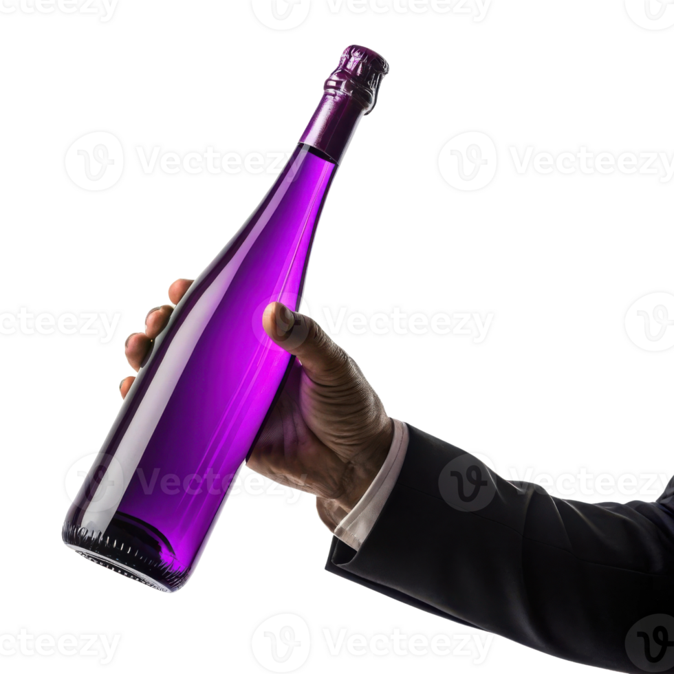 hand elegantly holds vibrant purple champagne bottle, ready to celebrate special moment with joy and excitement png